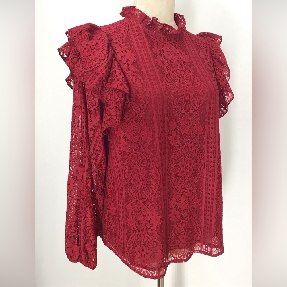 Entro Cranberry Salsa Lace Blouse Long Sleeve Ruffle Details Size Small …